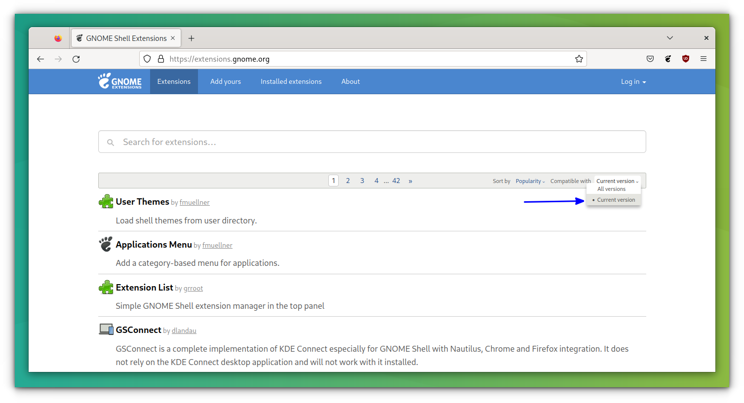 you can sort the extensions according to your current gnome version which is the default set criteria for sort
